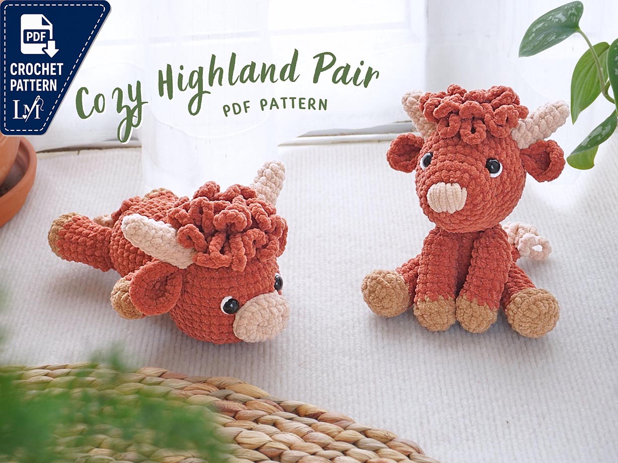Cozy Highland Pair Crochet Pattern, Amigurumi Crochet Pattern, Highland Cow Stuffed Plush Pattern, PDF Crochet Pattern